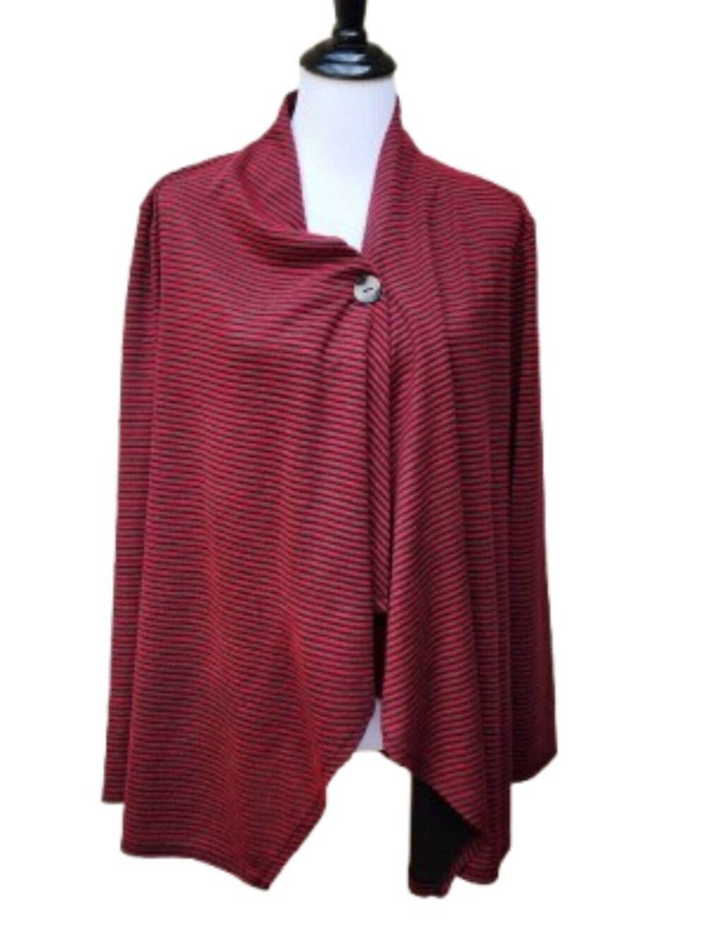 AB Studio Striped Flyaway Cardigan Top Red Black Single Button Closure Jacket
